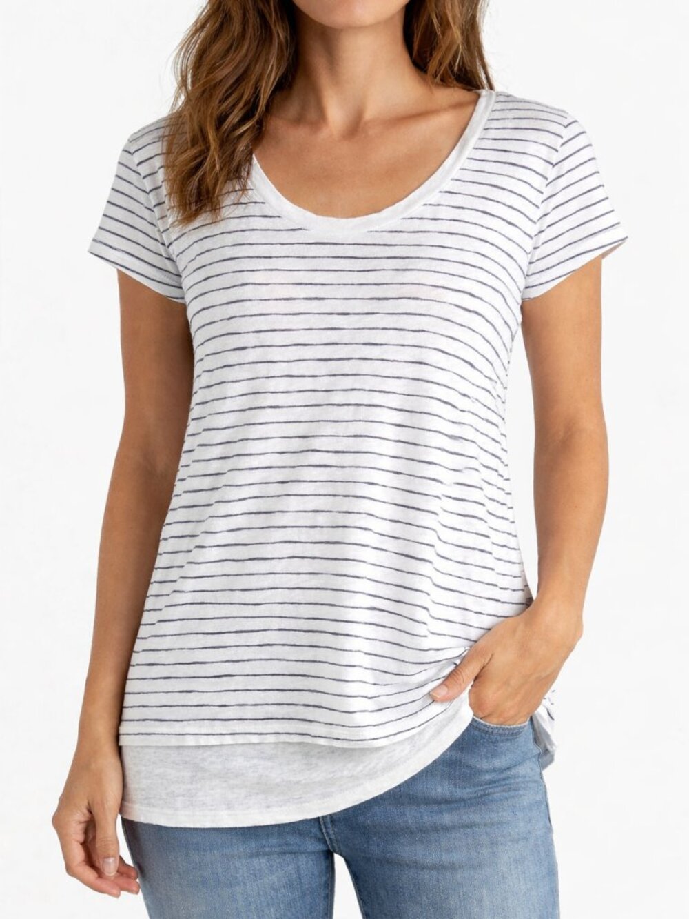 Majestic Filatures Linen T Shirt Large White Black Striped Luxe Tee Portugal